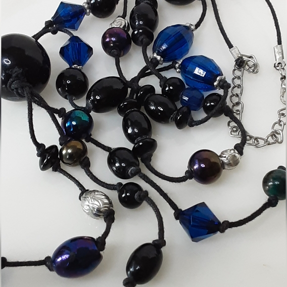 ART DECO 925 Silver Black Faux Onyx | Blue Faceted Glass Beaded Tassel Necklace - Picture 3 of 5